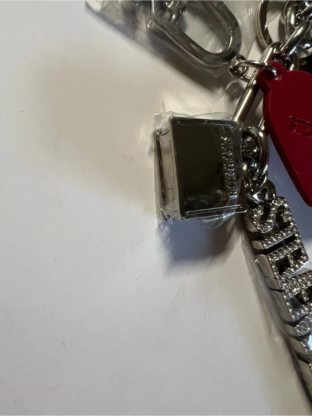 Steve Madden Red and Silver Logo Heart Keychain